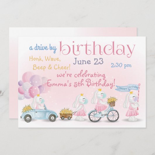 ピンクのウサギのパレードがやってくる　誕生日 招待状 (正面/裏面)