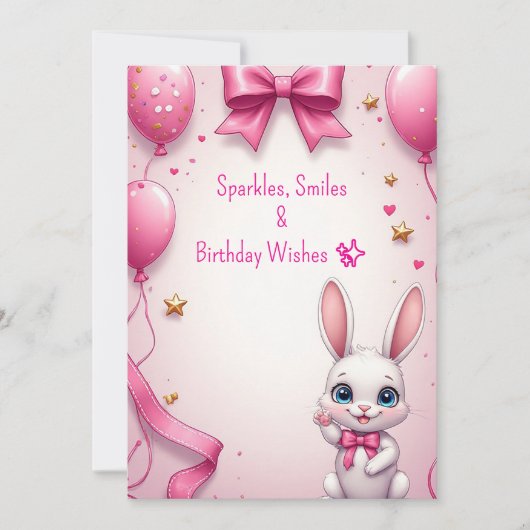 ピンクのウサギの女の子の誕生日お祝い 🐰 招待状 (正面)