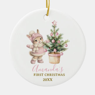 ピンクのウサギの女の子 初めてのクリスマス記念 セラミックオーナメント