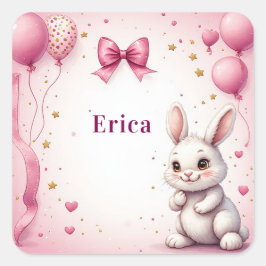 ピンクのウサギの誕生日バルーン 🐰 スクエアシール
