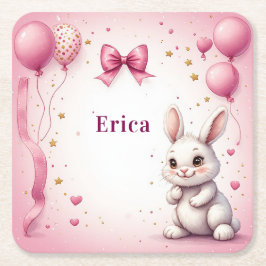 ピンクのウサギの誕生日バルーン 🐰 スクエアペーパーコースター