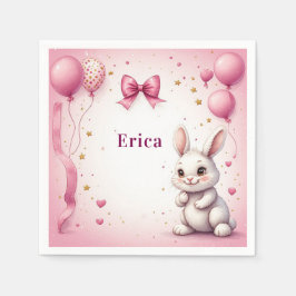 ピンクのウサギの誕生日バルーン 🐰 スタンダードカクテルナプキン
