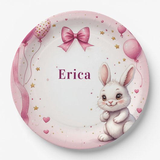 ピンクのウサギの誕生日バルーン 🐰 ペーパープレート (正面)