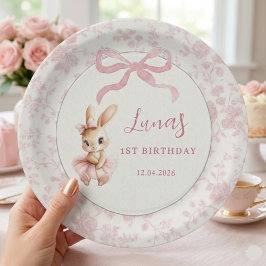 ピンクのウサギの1歳の誕生日パーソナライズドパーティープレート ペーパープレート