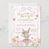 ピンクのウサギバレリーナの1歳の誕生日 招待状 (正面)