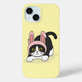 ピンクのウサギ帽子をかぶったタキシード猫のかわいいデザイン iPhone 15ケース