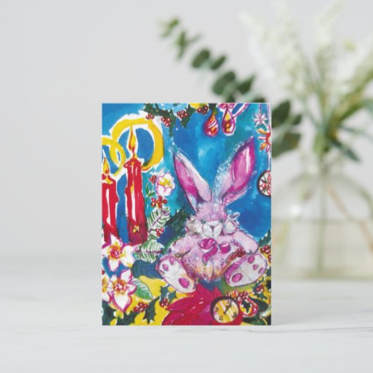 ピンクのウサギ、クリスマスキャンドルと葵 シーズンポストカード (スタンド正面)