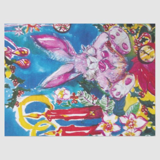 ピンクのウサギ、クリスマスキャンドルと葵 薄葉紙 (正面)