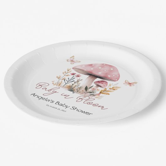 ピンクのウッドランドのキノコの赤ちゃんシャワー ペーパープレート (アングル)