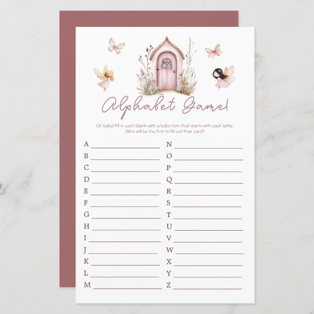 ピンクのウッドランドの妖精ベビーシャワーアルファベット (正面/裏面)
