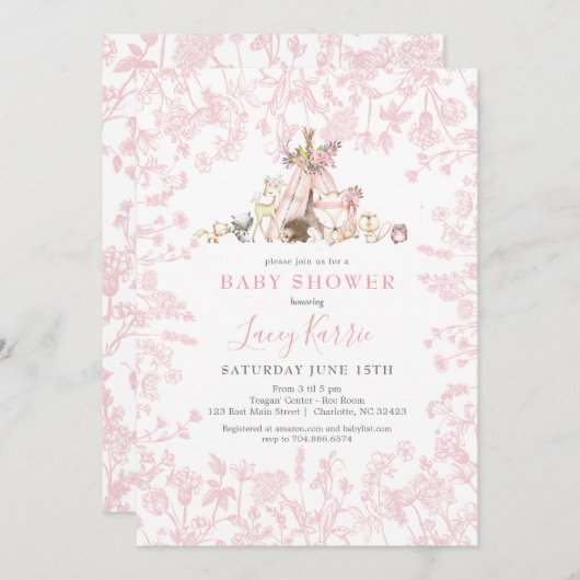 ピンクのウッドランドの赤ちゃんシャワーの招待状 招待状 (正面/裏面)
