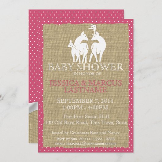 ピンクのウッドランドの赤ちゃんシャワーディアー&バーラップ 招待状 (正面/裏面)