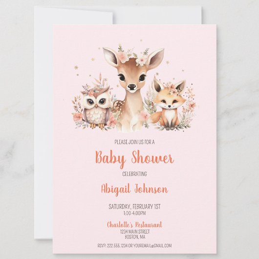 ピンクのウッドランドウィンターワンダーランドベビーシャワー 招待状