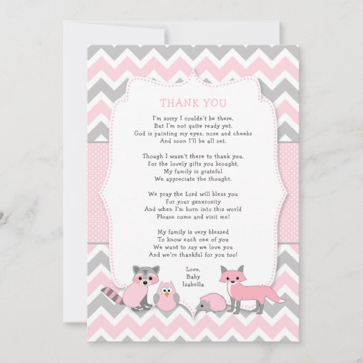 ピンクのウッドランド動物の赤ちゃんシャワーありがとう 招待状 (正面)