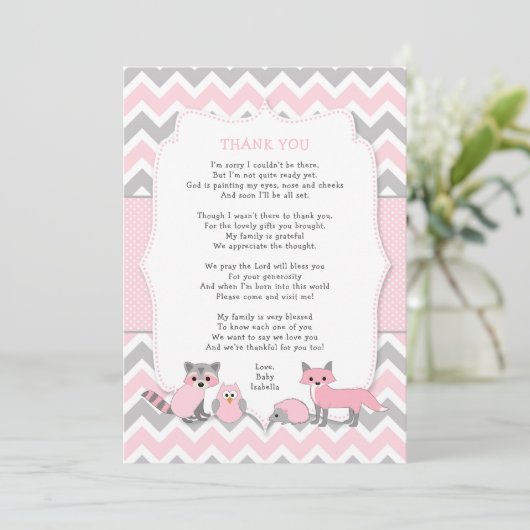 ピンクのウッドランド動物の赤ちゃんシャワーありがとう 招待状 (スタンド正面)