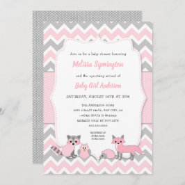 ピンクのウッドランド動物の赤ちゃんシャワーの招待状 招待状