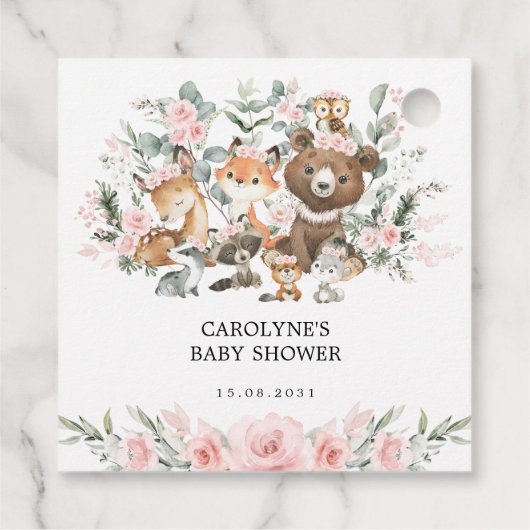 ピンクのウッドランド動物ユーカリ女の子の赤ちゃんシャワー フェイバータグ (裏面)