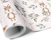 ピンクのウッドランド森林動物誕生日赤ちゃんシャワー ラッピングペーパー (ロールコーナー)