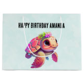 ピンクのウミガメお洒落&かわいい誕生日 ラージペーパーバッグ (正面)