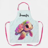 ピンクのウミガメお洒落&かわいい エプロン (正面)