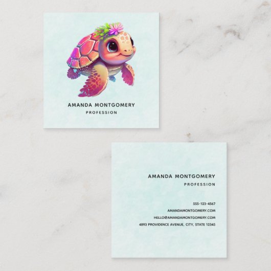 ピンクのウミガメお洒落&かわいい スクエア名刺 (正面/裏面)