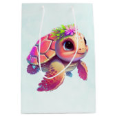 ピンクのウミガメお洒落&かわいい ミディアムペーパーバッグ (正面)