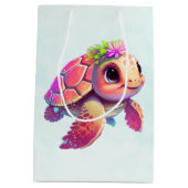 ピンクのウミガメお洒落&かわいい ミディアムペーパーバッグ (裏面)