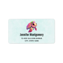 ピンクのウミガメお洒落&かわいい ラベル