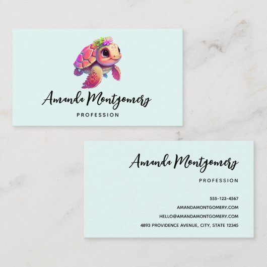 ピンクのウミガメお洒落&かわいい 名刺 (正面/裏面)