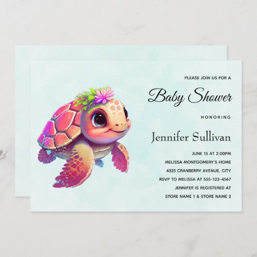 ピンクのウミガメお洒落&かわいい 招待状 (正面/裏面)