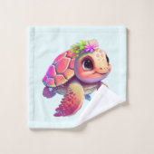 ピンクのウミガメお洒落&カワイイパターン(の模様が)ある バスタオルセット (ウォッシュタオル)