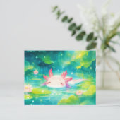 ピンクのウーパールーパーが泳ぐ蓮の花が咲く陽光の池 ポストカード (スタンド正面)