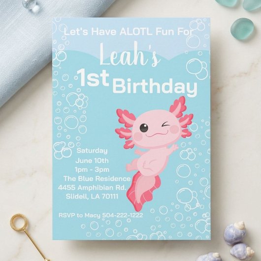 ピンクのウーパールーパー女子1歳の誕生日パーティー 招待状