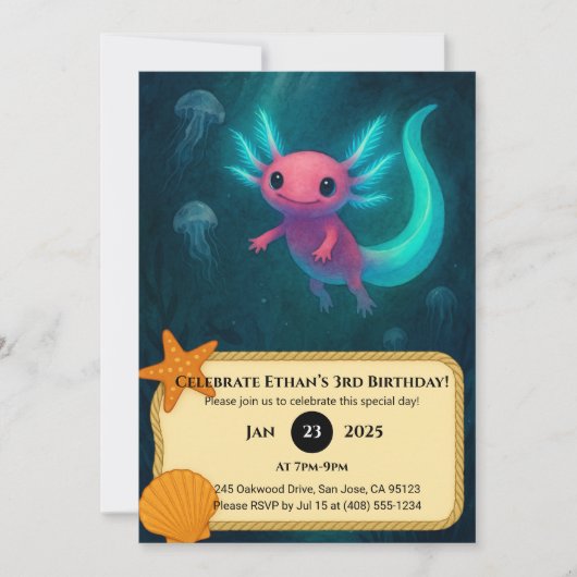 ピンクのウーパールーパー ジェリーフィッシュの誕生日 招待状 (正面)