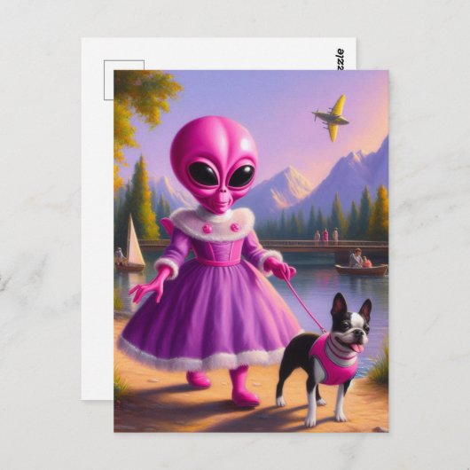 ピンクのエイリアン歩くHer Boston Terrier at Lake ポストカード (正面/裏面)