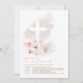 ピンクのエキゾチックな花クロスパンパスグラスガールバプテスマ 招待状 (正面)