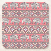 ピンクのエスニック象柄 スクエアペーパーコースター (正面)