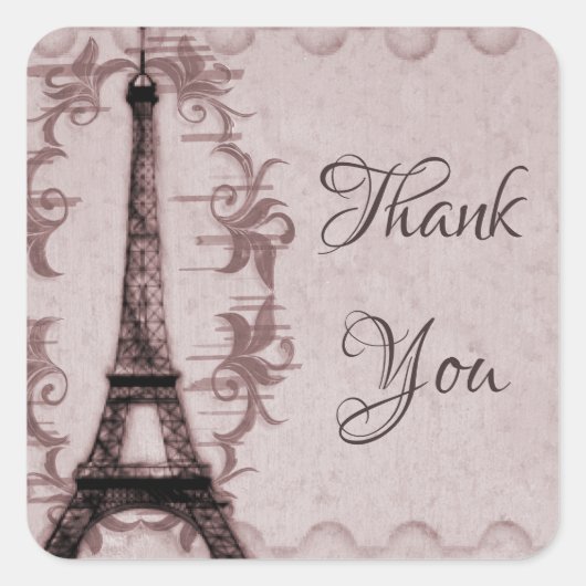 ピンクのエッフェルタワーありがとうステッカー スクエアシール (正面)
