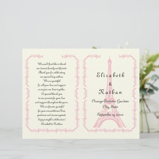 ピンクのエッフェルタワーパリの折り畳まれた結婚式プログラム (スタンド正面)