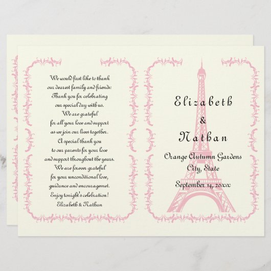 ピンクのエッフェルタワーパリの折り畳まれた結婚式プログラム (正面/裏面)