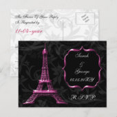 ピンクのエッフェルタワーフランスのウェディング出欠 インビテーションポストカード (正面/裏面)