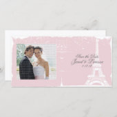 ピンクのエッフェルタワー結婚の発表写真カード セーブザデート (正面/裏面)