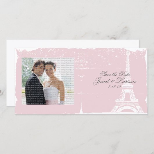 ピンクのエッフェルタワー結婚の発表写真カード セーブザデート (正面/裏面)