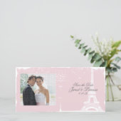 ピンクのエッフェルタワー結婚の発表写真カード セーブザデート (スタンド正面)