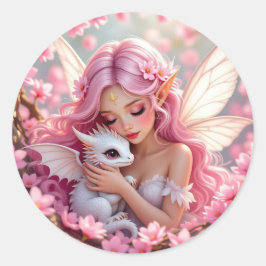 ピンクのエルフの妖精とドラゴン ラウンドシール