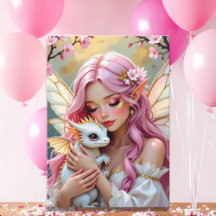 ピンクのエルフの妖精と白いドラゴン｜お誕生日おめでとう