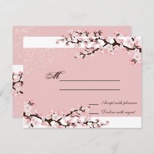 ピンクのエレガントな桜の結婚式の応答RSVP 出欠カード (正面/裏面)