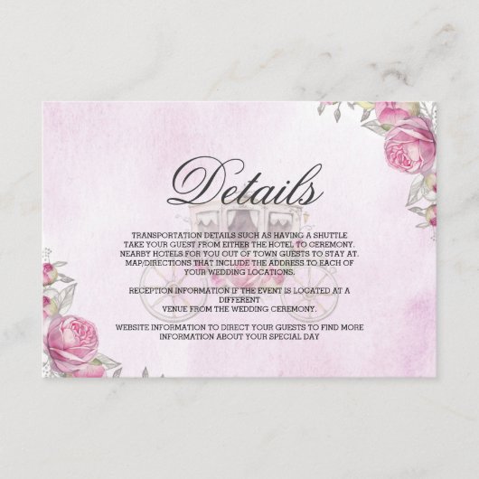 ピンクのエレガントな水彩花の馬車の詳細 エンクロージャーカード (正面)