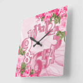 ピンクのエレガントな花柄 スクエア壁時計 (傾斜)
