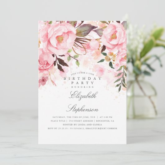 ピンクのエレガントフローラとモダン誕生日パーティー 招待状 (スタンド正面)
